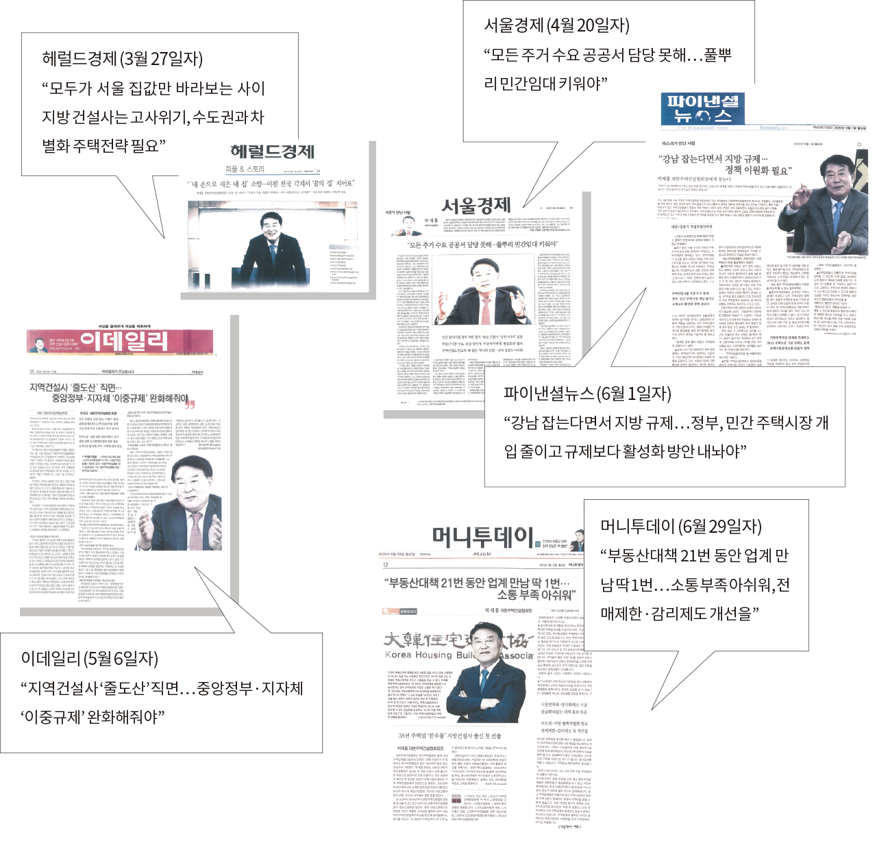 헤럴드경제 (3월 27일자) “모두가 서울 집값만 바라보는 사이 지방 건설사는 고사위기, 수도권과 차별화 주택전략 필요” 서울경제 (4월 20일자) “모든 주거 수요 공공서 담당 못해…풀뿌리 민간임대 키워야” 파이낸셜뉴스 (6월 1일자) “강남 잡는다면서 지방 규제…정부, 민간 주택시장 개입 줄이고 규제보다 활성화 방안 내놔야” 머니투데이 (6월 29일자) “부동산대책 21번 동안 업계 만남 딱 1번…소통 부족 아쉬워, 전매제한·감리제도 개선을” 이데일리 (5월 6일자) “지역건설사 ‘줄도산’ 직면…중앙정부·지자체 ‘이중규제’ 완화해줘야”