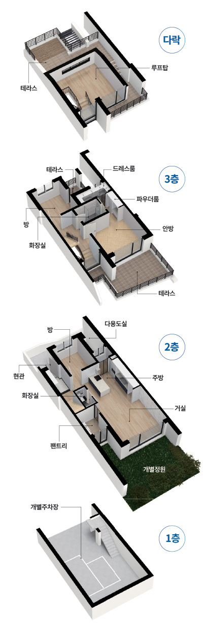 다락 테라스 루프탑 3층 테라스 드레스룸 파우더룸 방 화장실 안방 테라스 2층 방 다용도실 현관 화장실 주방 거실 팬트리 개별정원 1층 개별주차장