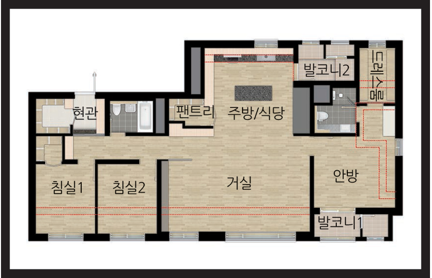 102㎡ 침실1 침실2 발코니2 주방/식당 거실 현관 안방 발코니1 드레스룸 팬트리