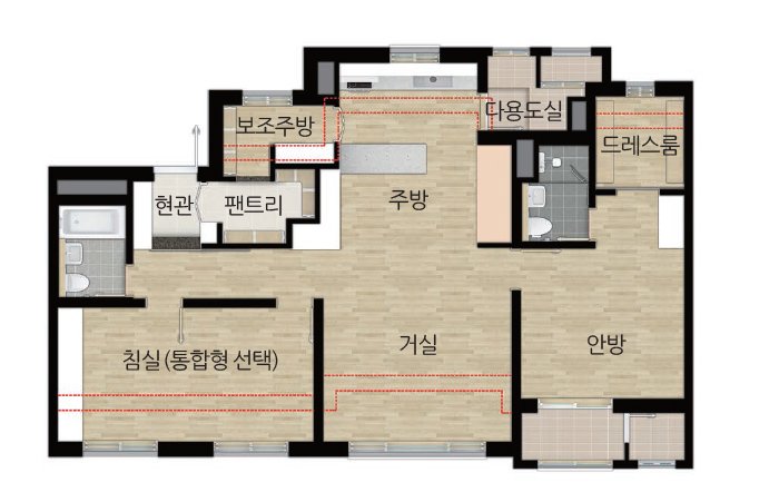 침실(통합형 선택) 거실 안방 현관 팬트리 주방 보조주방 다용도실 드레스룸