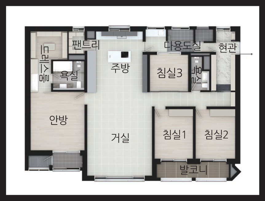 거실 안방 드레스룸 침실1 침실3 욕실 욕실 주방 현관 침실2 발코니 팬트리 다용도실