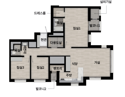 현관 팬트리 주방 식당 다용도실 욕실 욕실 침실3 침실2 침실1 발코니1 거실 실외기실 발코니2 드레스룸 세면대