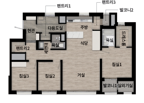 현관 팬트리1 주방 식당 팬트리2 팬트리3 다용도실 욕실 욕실 침실3 침실2 거실 발코니1 침실1 실외기실 발코니2 드레스룸 세면대