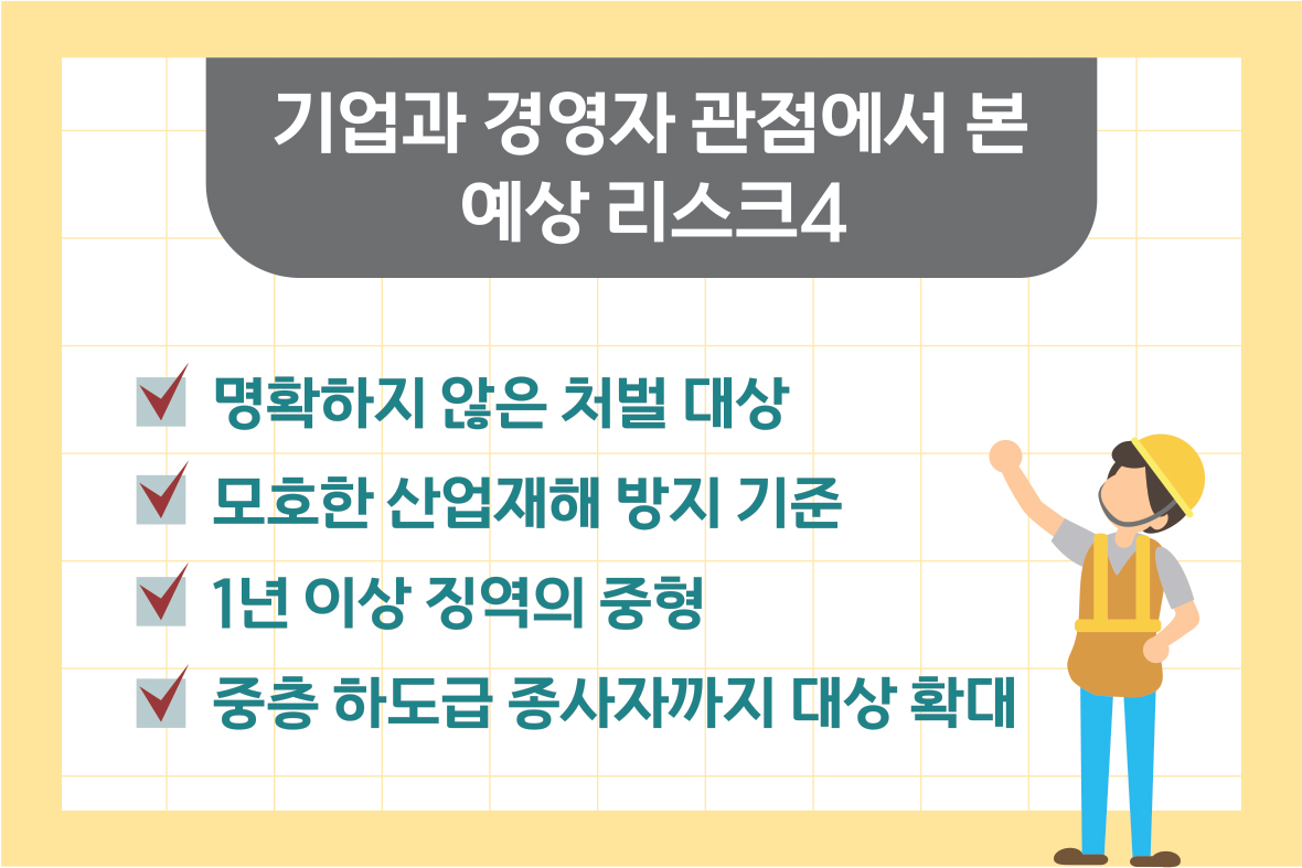 기업과 경영자 관점에서 본 예상 리스크4 명확하지 않은 처벌 대상 모호한 산업재해 방지 기준 1년 이상 징역의 중형 중층 하도급 종사자까지 대상 확대
