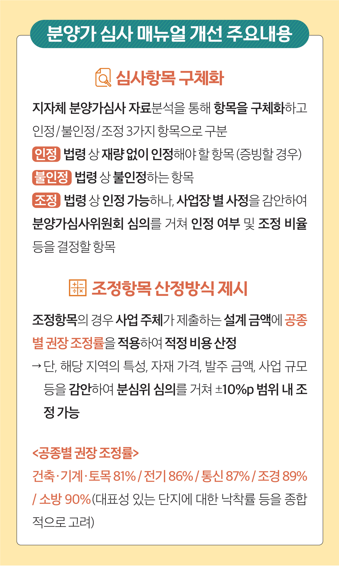 분양가 심사 매뉴얼 개선 주요내용 심사항목 구체화 지자체 분양가심사 자료분석을 통해 항목을 구체화하고 인정/불인정/조정 3가지 항목으로 구분 인정 법 령 상 재량 없이 인정해야 할 항목 (증빙할 경우) 불인정 법 령 상 불인정하는 항목 조정 법령 상 인정 가능하나, 사업장 별 사정을 감안하여 분양가심사위원회 심의를 거쳐 인정 여부 및 조정 비율 등을 결정할 항목 조정항목 산정방식 제시 조정항목의 경우 사업 주체가 제출하는 설계 금액에 공종 별 권장 조정률을 적용하여 적정 비용 산정 → 단, 해당 지역의 특성, 자재 가격, 발주 금액, 사업 규모 등을 감안하여 분심위 심의를 거쳐 ±10%p 범위 내 조 정 가능 <공종별 권장 조정률> 건축·기계·토목 81% / 전기 86% / 통신 87% / 조경 89% / 소방 90%(대표성 있는 단지에 대한 낙착률 등을 종합 적으로 고려)